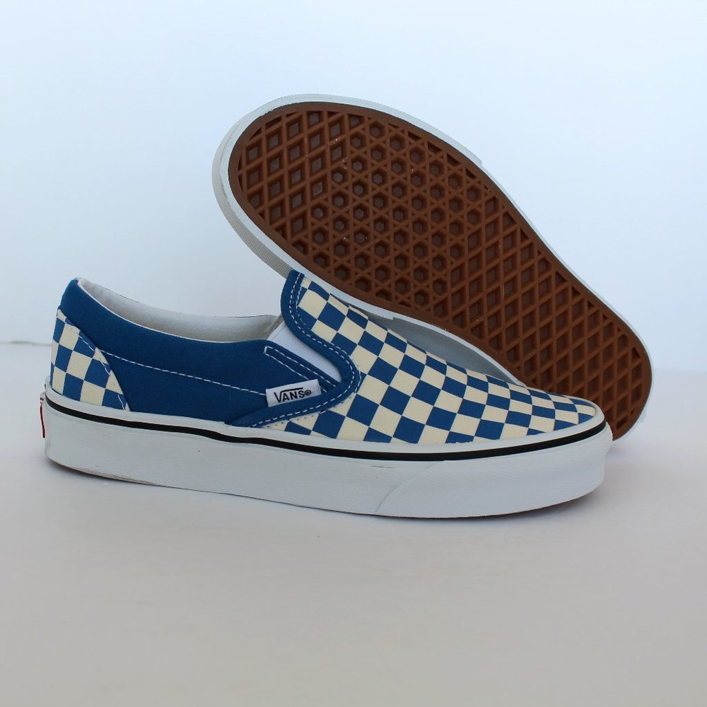 Vans Slip-On Checkerboard Sneakers in Blue and Cream